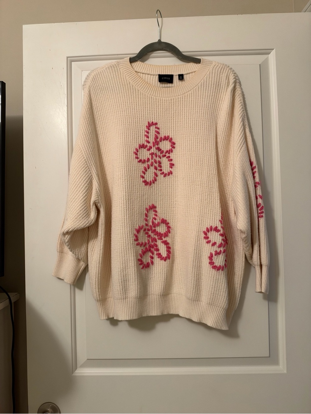 Cyrus Cream Crewneck Sweater with Pink Floral Stitching